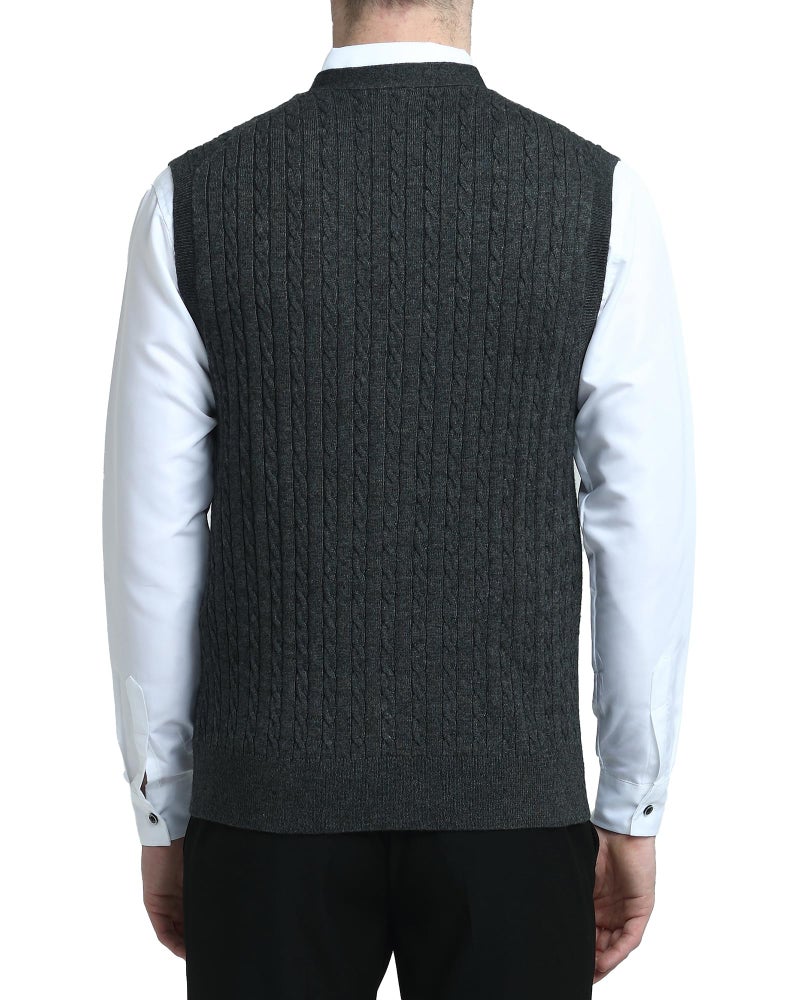 Kallspin Men's Cable Knit Sweater Vest Wool Blend V Neck Button Down Sleeveless Cardigan Vest(Charcoal, 2X-Large) - Image 3